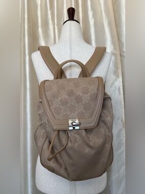 Tumi Beige Monogram Jacquard Nylon Backpack with Beige Leather Trim EUC